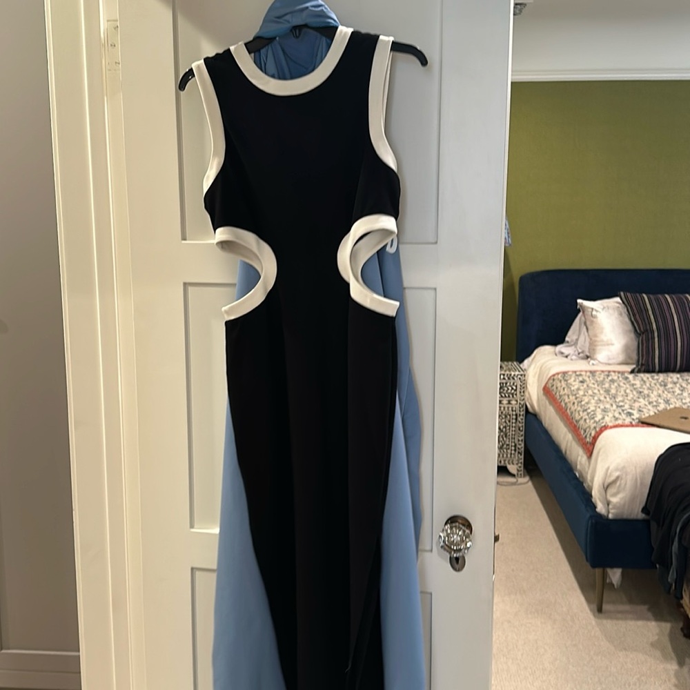 Never worn Staud maxi dress with cut outs. Black and white